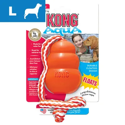 KONG Aqua floating toy with long-distance throw rope, floats for water play, durable design, suitable for retriever training. Large size indicated by L icon. KONG Aqua floating toy with long-distance throw rope, floats for water play, durable design, suitable for retriever training. Large size indicated by L icon.