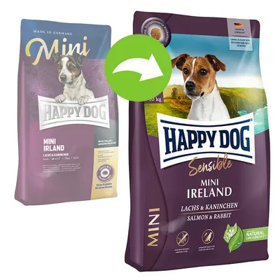 Ambalaj vechi și nou pentru Happy Dog Sensible Mini Ireland Lachs & Kaninchen, imagine cu două pungi de hrană uscată pentru câini mici, text vizibil: Salmon & Rabbit, Natural Life Concept. Ambalaj vechi și nou pentru Happy Dog Sensible Mini Ireland Lachs & Kaninchen, imagine cu două pungi de hrană uscată pentru câini mici, text vizibil: Salmon & Rabbit, Natural Life Concept.
