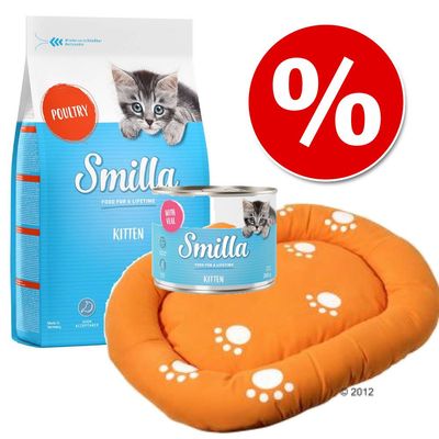 Smilla Kitten kezdőcsomag + macskaágy Kacsa száraztáp + szárnyas & csirke nedvestáp + macskaágy