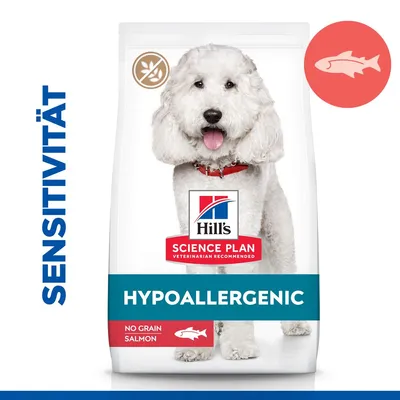 Hill's Science Plan Hypoallergenic hondenvoer met zalm, graanvrij. Gevoeligheid benadrukt. Verpakking toont witte hond met rode halsband.