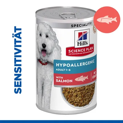 Hill's Science Plan Hypoallergenic Adult 1-6 mit Lachs, ohne Getreide. Spezialfutter für empfindliche Hunde. Sensitivität hervorgehoben.