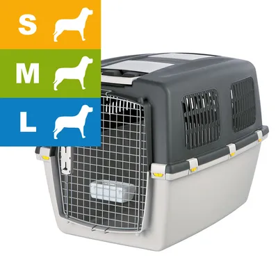 Plastic pet carrier with metal door shown, available in small, medium and large sizes as indicated by icons and letters S, M, L on coloured background.