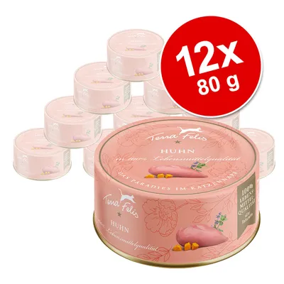 Lot de 12 boîtes Terra Felis Huhn, 80 g chacune. Texte visible : '100% Lebensmittelqualität', 'Huhn', 'Terra Felis'. Illustration de morceaux de viande sur l’emballage.