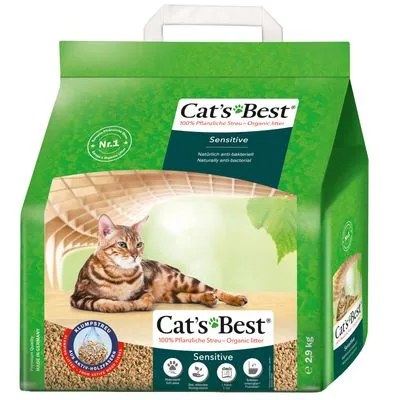 Cat's Best Sensitive 100% plantaardige strooisel, verpakking van 2,9 kg met afbeelding van kat en iconen voor klontvorming, geurcontrole, composteerbaar en antibacterieel.