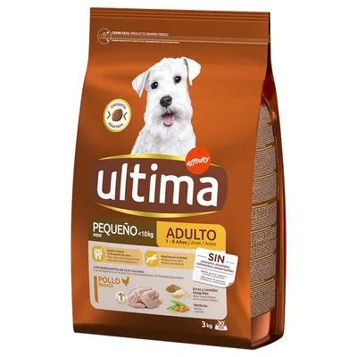 Ultima Adulto Mini pentru câini sub 10 kg, 1-8 ani. Cu pui, orez, legume. Fără adaos de zahăr, coloranți sau conservanți. Mărime pachet: 3 kg.
