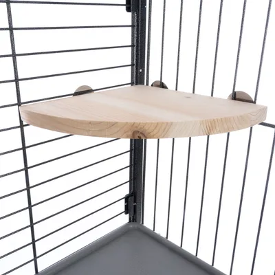 Wooden platform with metal brackets, mounted on a cage grid. Suitable as an additional level for cages.