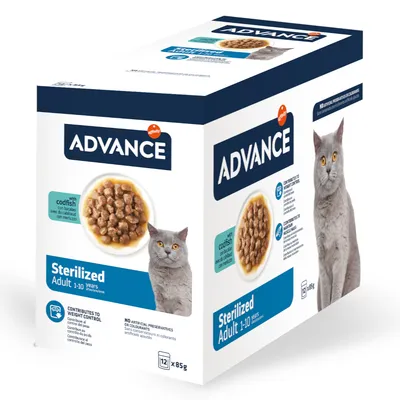 Advance Sterilized Adult 1-10 ετών τροφή για γάτες με μπακαλιάρο, 12 x 85g. Υποστηρίζει τον έλεγχο βάρους, χωρίς τεχνητά συντηρητικά ή χρωστικές.
