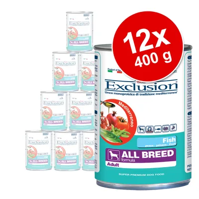 Lot de 12 boîtes Exclusion Mediterraneo Fish All Breed Adult, 400 g chacune. Texte visible : poisson, formule adulte, super premium dog food. Lot de 12 boîtes Exclusion Mediterraneo Fish All Breed Adult, 400 g chacune. Texte visible : poisson, formule adulte, super premium dog food.