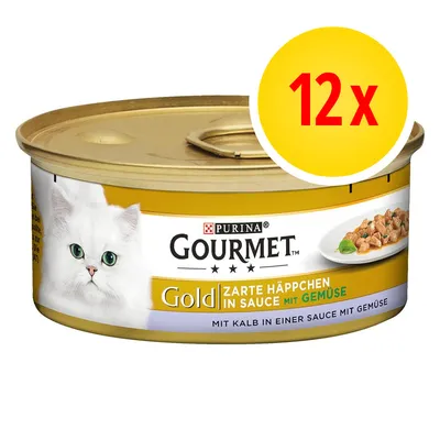 Purina Gourmet Gold Zarte Häppchen in Sauce mit Gemüse, 12x. Puszka z wizerunkiem białego kota i kawałkami karmy na talerzu. Tekst po niemiecku: Mit Kalb in einer Sauce mit Gemüse.