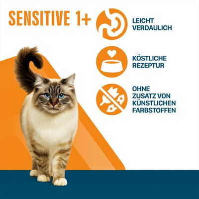SENSITIVE 1+, leicht verdaulich, köstliche Rezeptur, ohne Zusatz von künstlichen Farbstoffen.