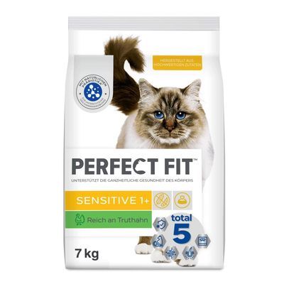 Perfect Fit Sensitive 1+ kattenvoer, rijk aan kalkoen, total 5, 7 kg. Ondersteunt de gezondheid van het lichaam. Met zichtbaar keurmerk en pictogrammen op de verpakking.