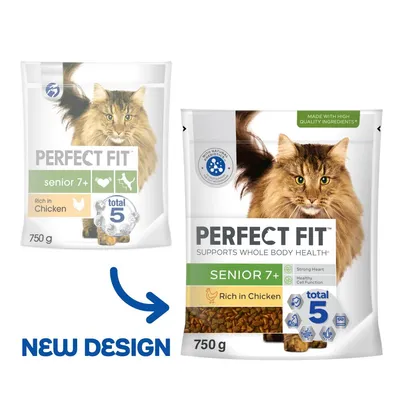 To poser Perfect Fit kattefoder, senior 7+, Rich in Chicken, total 5, 750 g. Tekst: SUPPORTS WHOLE BODY HEALTH, Strong Heart, Healthy Cell Function, MADE WITH HIGH QUALITY INGREDIENTS, NEW DESIGN.