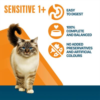 SENSITIVE 1+, light and easily digestible, 100% complete and balanced, no added preservatives or artificial colourings.