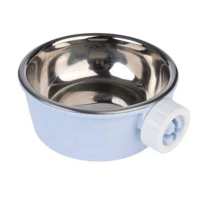 Comedero de acero inoxidable con soporte de plástico azul y mecanismo de tornillo para fijación. Comedero de acero inoxidable con soporte de plástico azul y mecanismo de tornillo para fijación.