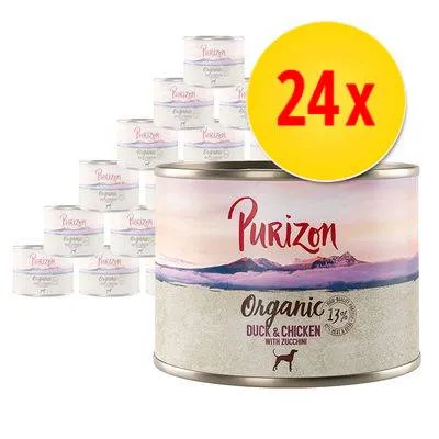 Lot de 24 boîtes Purizon Organic Duck & Chicken with Zucchini, 13 %, pour chien. Texte visible : Purizon, Organic, Duck & Chicken with Zucchini, 13 %.