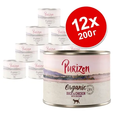 Purizon Organic Duck & Chicken with Zucchini, 12×200 г консерви. Видими надписи: 13% meat & fish, high quality. Опаковки с изображение на куче. Purizon Organic Duck & Chicken with Zucchini, 12×200 г консерви. Видими надписи: 13% meat & fish, high quality. Опаковки с изображение на куче.