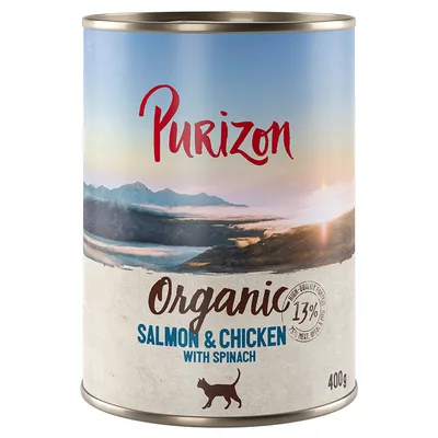 Purizon Organic mokré krmivo pre mačky, losos a kuracie mäso so špenátom, vysoký obsah bielkovín 13 %, 400g konzerva.