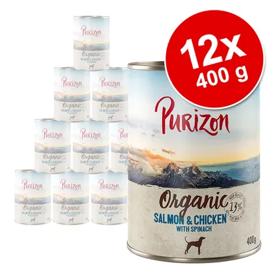 Purizon Organic Salmon & Chicken with Spinach, 12×400 g konzerv. Text: 13% finest quality meat, 400 g. Na obalu obrázek hor a silueta psa.