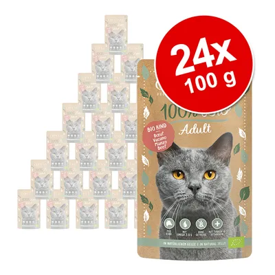 CATS LOVE 100% Bio Adult, BIO RIND, 24×100 g. Na obalu šedá kočka, piktogramy: omega 3&6, bez obilovin, taurin a vitamíny, v přírodní želé.