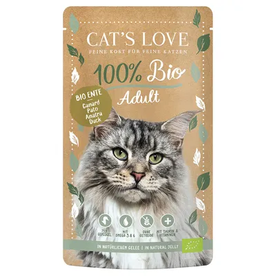 Cat's Love 100% Bio Adult, canard, 71 % volaille, oméga 3 & 6, sans céréales, avec taurine et vitamines, en gelée naturelle. Texte multilingue visible sur l’emballage.