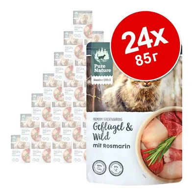 Pure Nature Senior (10+) Geflügel & Wild mit Rosmarin, 24x85 г паучове за котки. На опаковката има снимка на котка и купа с месо. Видими са надписи на немски език.