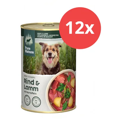 Pure Nature Rind & Lamm mit Kartoffeln, Premium Feuchtnahrung, 12x Dosen. Ohne künstliche Zusätze, ohne Zucker, mit Fleischstücken und Gemüse sichtbar.
