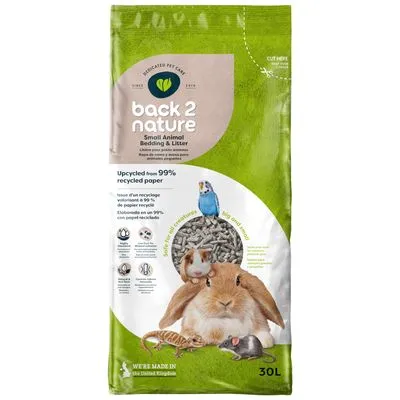 back 2 nature Small Animal Bedding & Litter, upcycled from 99% recycled paper, verpakking met afbeeldingen van konijn, cavia, parkiet, muis en hagedis, inhoud 30L