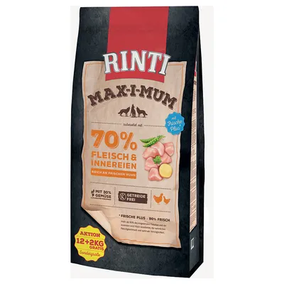 Rinti Max-i-mum hondenvoer, 70% vlees & inwendige organen, rijk aan vers kip, met 30% groente, graanvrij. Actie: 12+2 kg gratis. Frische Plus – 90% frisch. Rinti Max-i-mum hondenvoer, 70% vlees & inwendige organen, rijk aan vers kip, met 30% groente, graanvrij. Actie: 12+2 kg gratis. Frische Plus – 90% frisch.