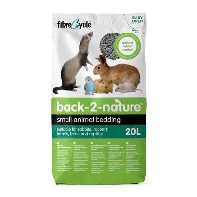 Ambalaj fibreCycle back-2-nature așternut pentru animale mici, 20L, control natural al mirosului, potrivit pentru iepuri, rozătoare, dihori, păsări și reptile. Text în engleză vizibil.