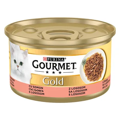 Purina Gourmet Gold cibo umido per gatti, gusto salmone. Immagine della lattina e del contenuto con pezzi di salmone.