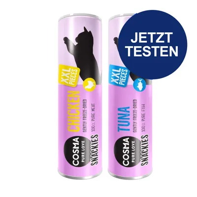 Cosma Snackies XXL Pieces, gefriergetrocknetes Huhn und Thunfisch, 100% reines Fleisch und Fisch. Jetzt testen. Cosma Snackies XXL Pieces, gefriergetrocknetes Huhn und Thunfisch, 100% reines Fleisch und Fisch. Jetzt testen.