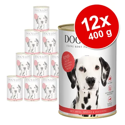Dog's Love våtfoder för hund, 12 x 400 g burkar. Synlig text: Rind, Beuf, Vacuno, Manzo, Beef. Med äpple, spenat & zucchini. Bild på dalmatiner på förpackningen.