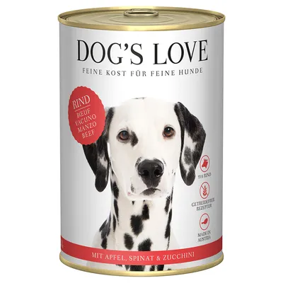 Boîte DOG'S LOVE, bœuf, 55 % RIND, recette sans céréales, made in Austria, avec pomme, épinard et courgette. Texte en allemand et anglais visible sur l’emballage.