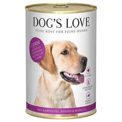 Dog's Love cibo umido per cani, gusto agnello con patate, zucca e albicocca. 55% agnello, ricetta senza cereali, prodotto in Austria. Dog's Love cibo umido per cani, gusto agnello con patate, zucca e albicocca. 55% agnello, ricetta senza cereali, prodotto in Austria.