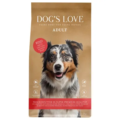 Dog's Love Adult Trockenfutter mit Rind, Super-Premium-Qualität, getreidefreie Rezeptur, Made in Austria, mit Omega-3 & 6, 2kg Packung.