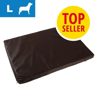 Duże legowisko dla psa, rozmiar L, materiał przypominający skórę, oznaczenie TOP SELLER na żółtym tle w prawym górnym rogu.