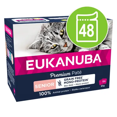 Eukanuba Premium Paté Senior, bez obilovin, monoprotein, 100% živočišné bílkoviny, 12x85g. Zelený symbol s číslem 48 pro balení.