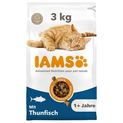 IAMS kattenvoer 3 kg, Mit Thunfisch, 1+ Jahre, Advanced Nutrition your pet needs, 100% Complete & Balanced Nutrition, recyclebaar. Afbeelding van een oranje kat op de verpakking.