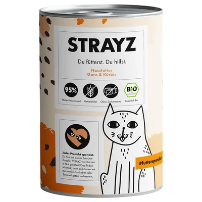 STRAYZ mokré krmivo husa a dýně, vysoký podíl masa 95 %, bez obilovin, bez přidaného cukru, bio certifikace. Nákup podporuje toulavé kočky.