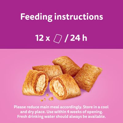 Feeding recommendation: 12 pieces in 24 hours. Reduce the main meal accordingly. Use within 4 weeks after opening. Provide fresh drinking water.
