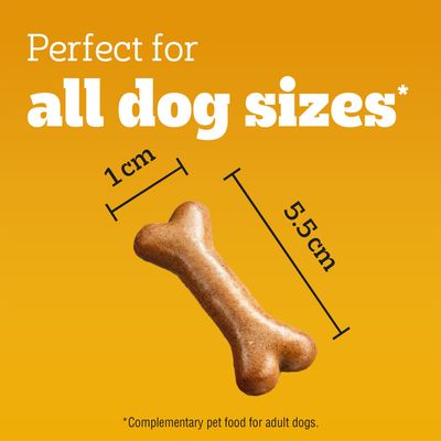 Bone-shaped snack, dimensions 5.5 cm x 1 cm. Text: Perfect for all dog sizes. Note: Supplementary food for adult dogs.