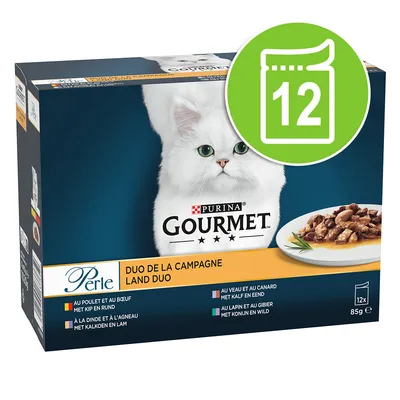 Purina Gourmet Perle Duo de la Campagne, 12 portions of 85g. Varieties: chicken & beef, turkey & lamb, veal & duck, rabbit & game.