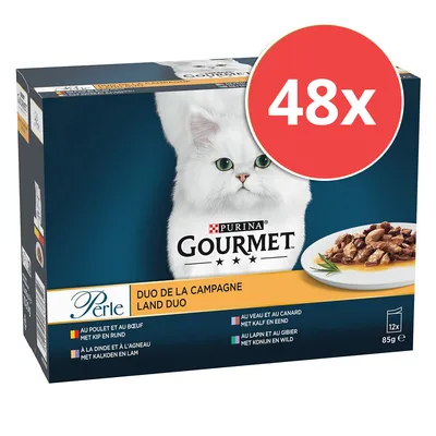 Purina Gourmet Perle Duo de la Campagne Land Duo, 48x85g. Sorten: Huhn & Rind, Truthahn & Lamm, Kalb & Ente, Kaninchen & Wild.