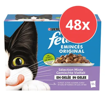 Purina Felix Emincés Original, 48x Portionsbeutel, gemischte Vielfalt in Gelee: Huhn, Thunfisch, Lachs, Rind. Ohne Farbstoffe.