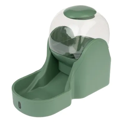Green feeder with transparent container and bowl, suitable for automatic feeding.