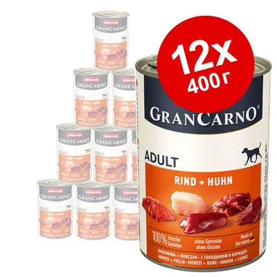 Комплект 12 консерви по 400 г Animonda GranCarno Adult Rind + Huhn. Видими надписи: 100% frische Zutaten, ohne Getreide ohne Gluten, Made in Germany, wołowina + kurczak.