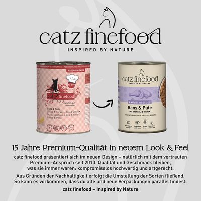 catz finefood Gans & Kalkoen Ragout in Saus in het oude en nieuwe verpakkingsdesign. Opmerking: Overgang naar nieuw design, kwaliteit blijft ongewijzigd.