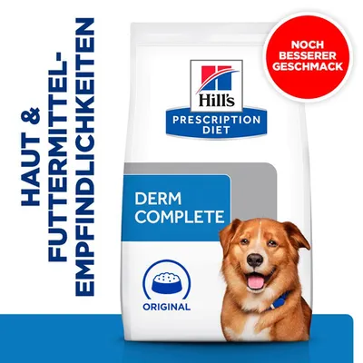 Hill's Prescription Diet Derm Complete Original, geeignet für Haut- und Futtermittel-Empfindlichkeiten. Hinweis: Noch besserer Geschmack.