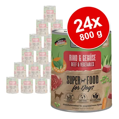 Hundefutter Superfood hovädzie mäso a zelenina, vyrobené v Nemecku, 30 % zeleniny, bez obilnín, šetrné ku klíme, chráni zdroje. Balenie: 24 konzerv po 800 g pre dospelé psy.