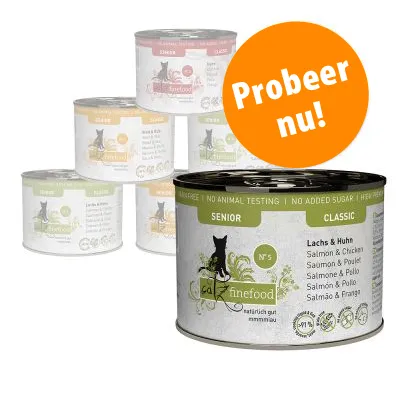 ca finefood Senior Classic kattenvoer blik, variant Lachs & Huhn. Opdruk: graanvrij, geen dierproeven, geen toegevoegde suiker. Oranje cirkel met tekst: Probeer nu!